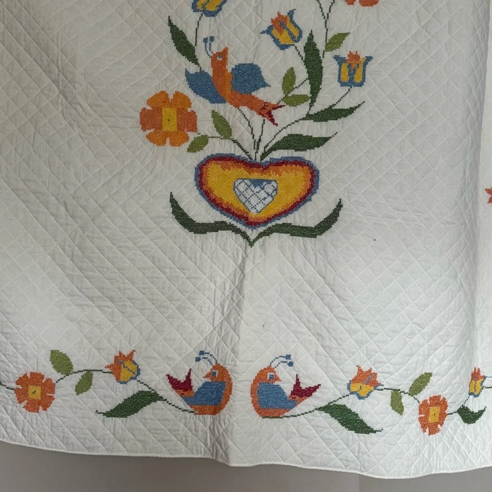 Vintage Lovebirds Needlepoint Quilt Folk Art Heart‎ Floral Bedspread Queen XL